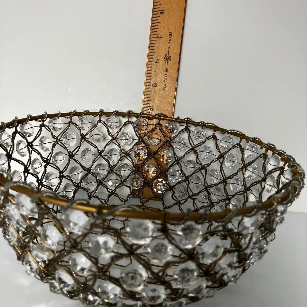 Vintage Gold Wire Crystal Basket Decorative Beaded Bowl Centerpiece 10 Inch